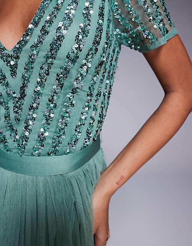 Maya Belted Stripe Embellished Bridesmaid Maxi Dress In Dark Sage