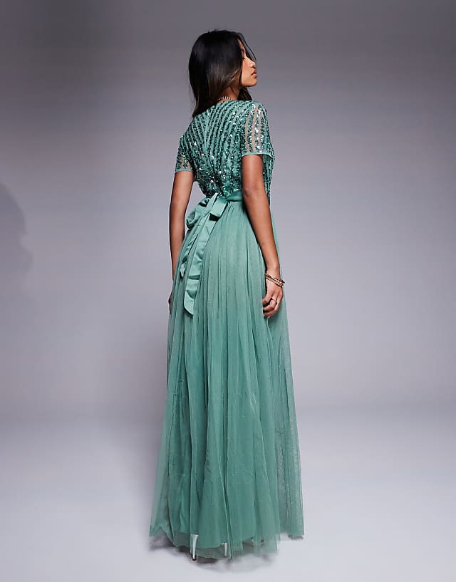 Maya Belted Stripe Embellished Bridesmaid Maxi Dress In Dark Sage