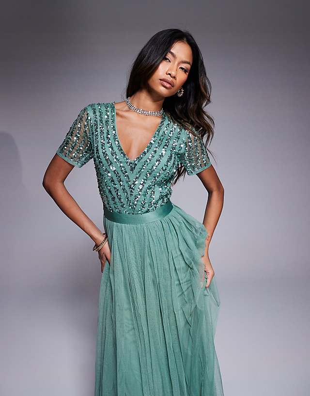 Maya Belted Stripe Embellished Bridesmaid Maxi Dress In Dark Sage