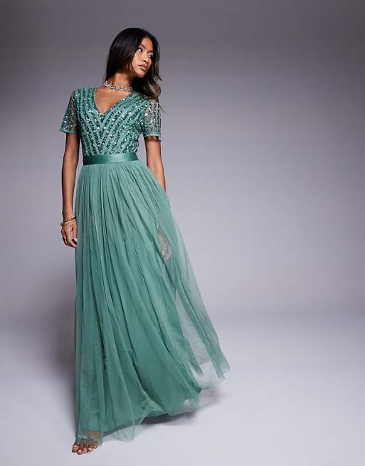 Maya Belted Stripe Embellished Bridesmaid Maxi Dress In Dark Sage