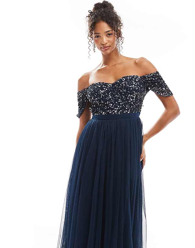 Maya Embellished Sweetheart Bardot Bridesmaid Maxi Dress In Navy