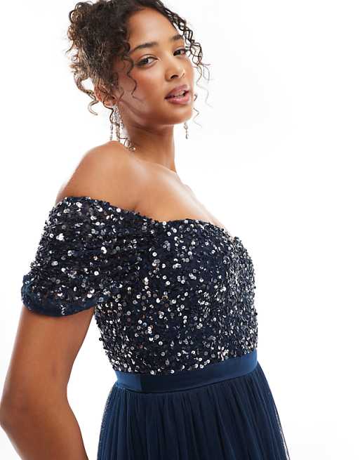 Maya Embellished Sweetheart Bardot Bridesmaid Maxi Dress In Navy