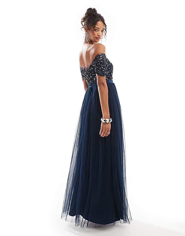 Maya Embellished Sweetheart Bardot Bridesmaid Maxi Dress In Navy