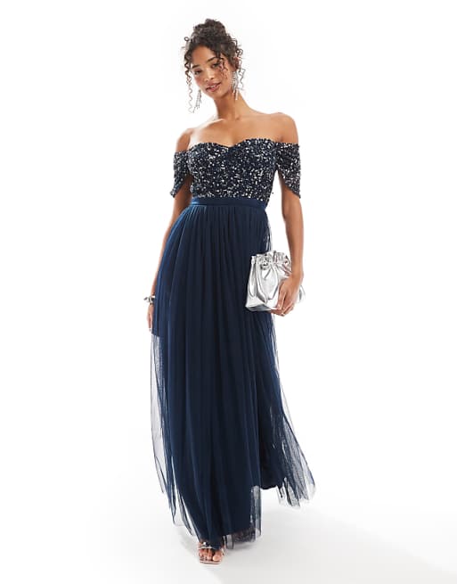 Maya Embellished sweetheart bardot bridesmaid maxi dress in navy