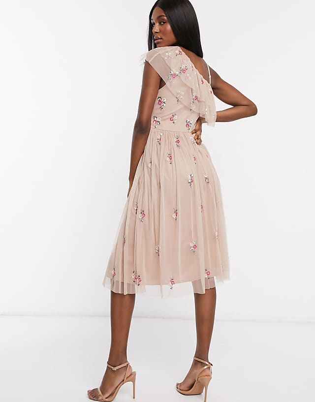 Maya Maternity Ruffle One Shoulder Floral Embellished Midi Skater Dress In Taupe Blush