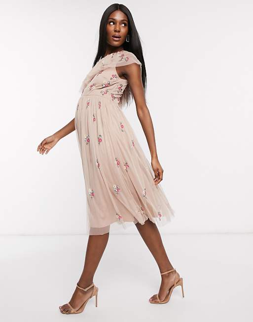 Maya Maternity Ruffle One Shoulder Floral Embellished Midi Skater Dress In Taupe Blush