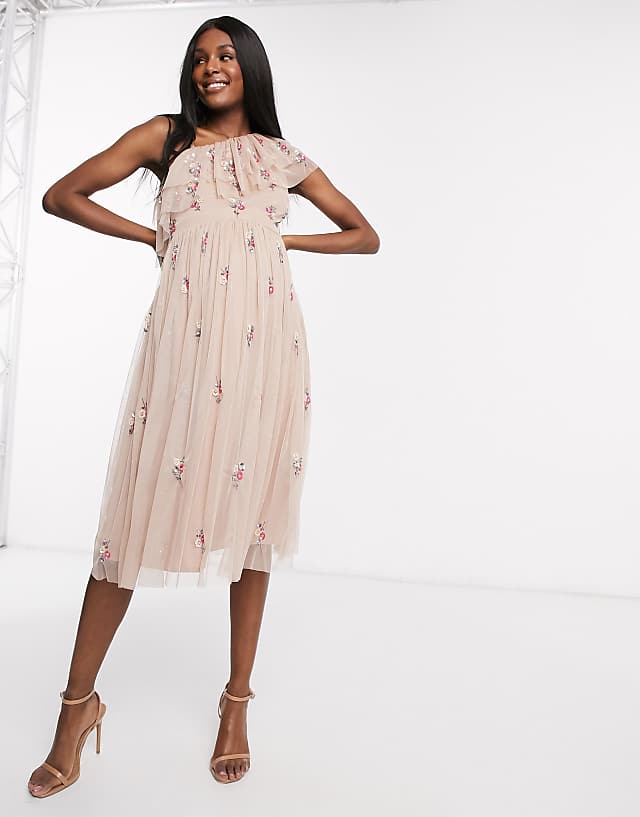 Maya Maternity Ruffle One Shoulder Floral Embellished Midi Skater Dress In Taupe Blush