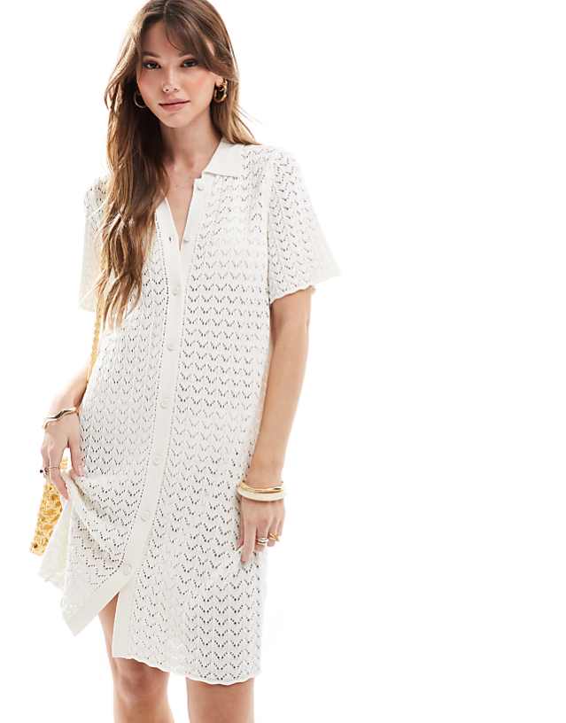 Miss Selfridge Crochet Contrast Polo Button Through Knit Dress In Cream
