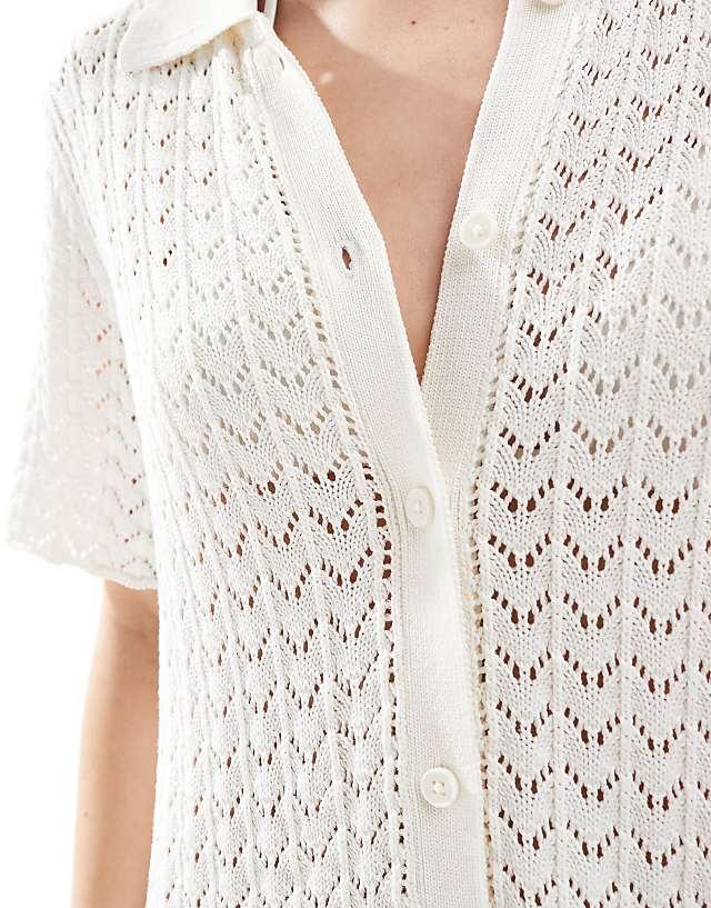 Miss Selfridge Crochet Contrast Polo Button Through Knit Dress In Cream