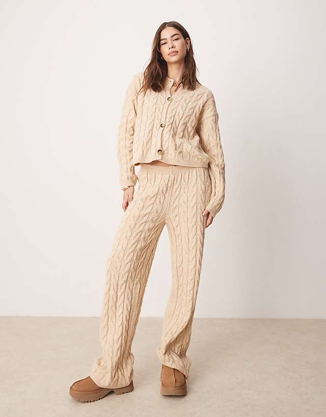 Miss Selfridge knitted cable cardigan and wide leg trouser co ord in oatmeal