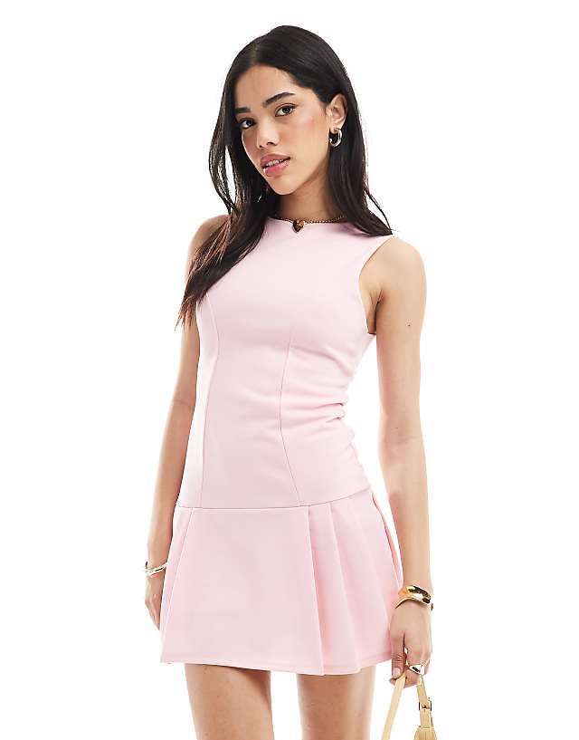 Miss Selfridge lined scuba pleated dropwaist dress in pink