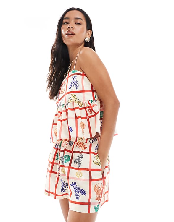 Miss Selfridge Linen Baby Doll Cami Co-ord In Lobster Print