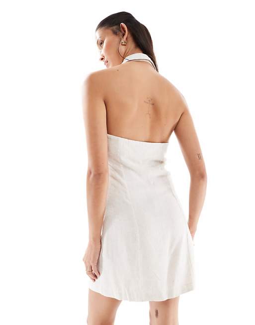 Miss Selfridge Linen Blend Collared Halter Mini Dress In Stone