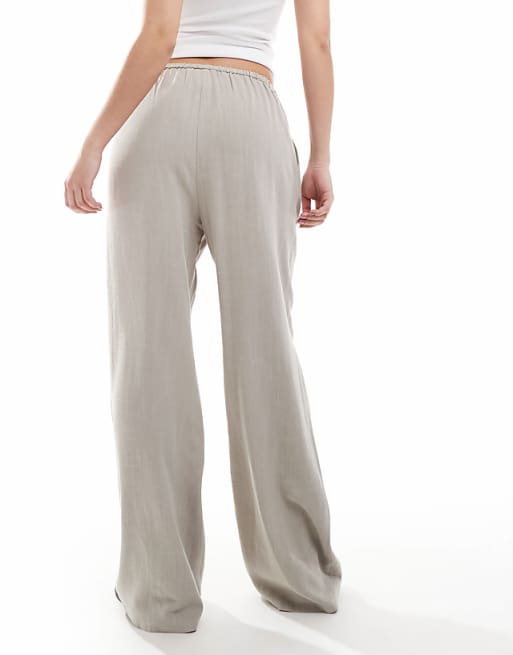 Miss Selfridge Linen Blend Drawstring Waist Wide Leg Trousers In Taupe