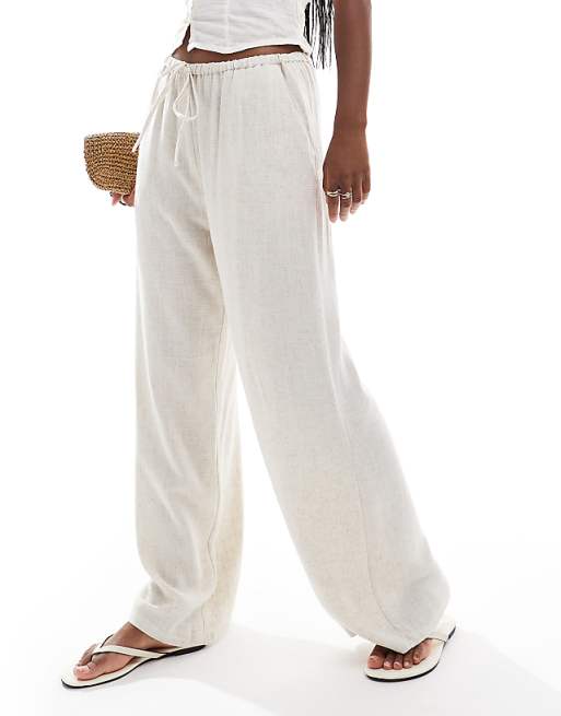 Miss Selfridge Linen Blend Drawstring Waist Wide Leg Trousers In Stone