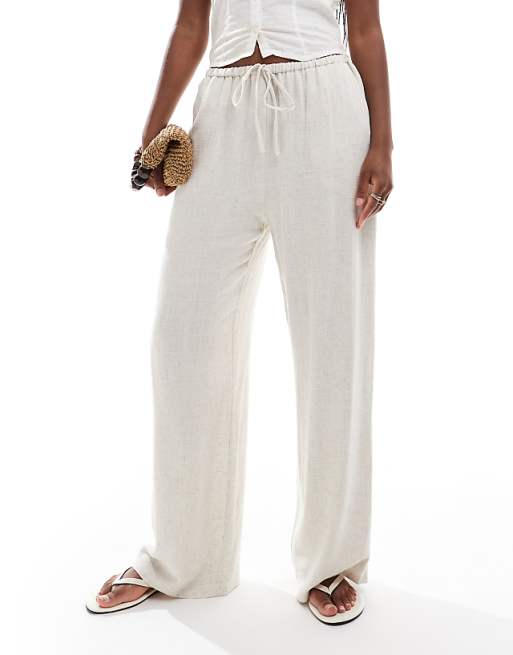 Miss Selfridge linen blend drawstring waist wide leg trousers in stone