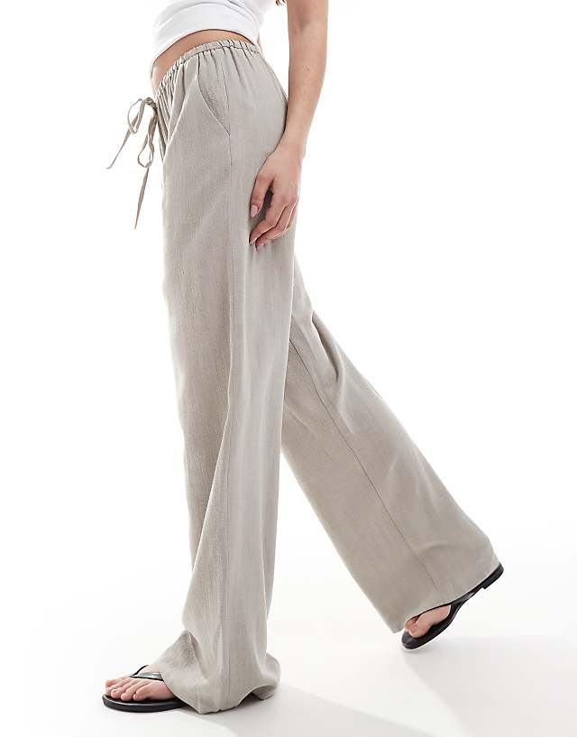 Miss Selfridge Linen Blend Drawstring Waist Wide Leg Trousers In Taupe