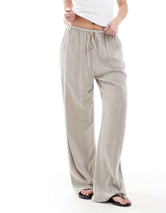 Miss Selfridge linen blend drawstring waist wide leg trousers in taupe