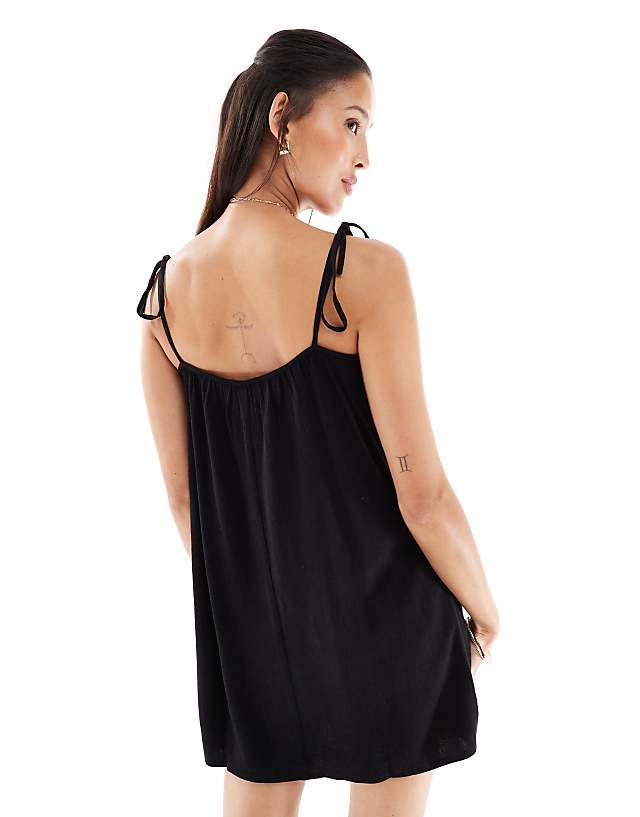Miss Selfridge Linen Blend Swing Mini Dress With Tie Straps In Black