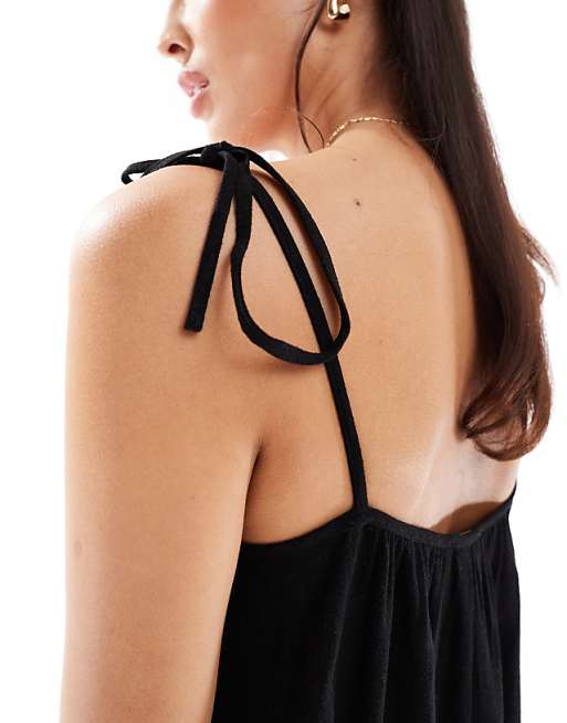 Miss Selfridge Linen Blend Swing Mini Dress With Tie Straps In Black