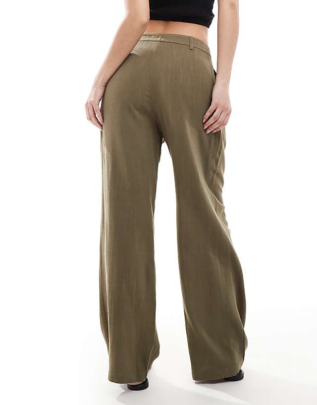 Miss Selfridge Linen Blend Tailored Wide Leg Trousers In Khaki