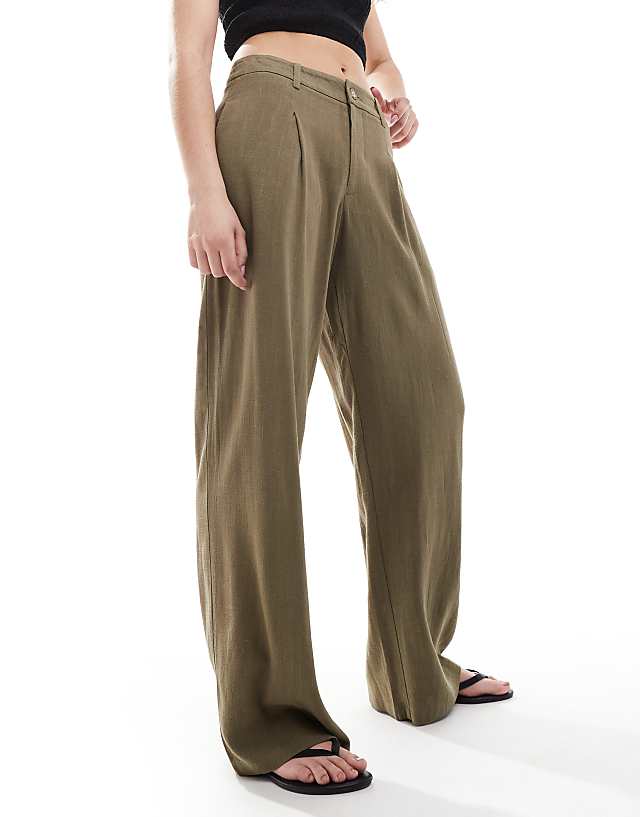 Miss Selfridge Linen Blend Tailored Wide Leg Trousers In Khaki