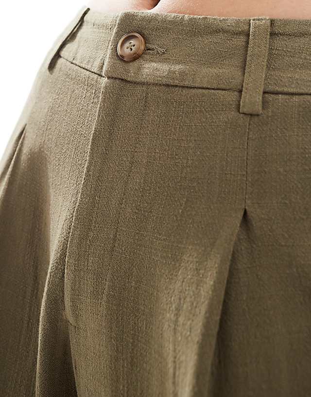 Miss Selfridge Linen Blend Tailored Wide Leg Trousers In Khaki