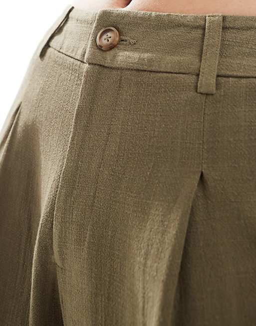 Miss Selfridge Linen Blend Tailored Wide Leg Trousers In Khaki