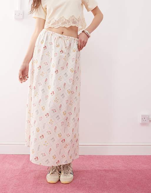 Miss Selfridge Linen Midi Slip Skirt In Cream Floral Print