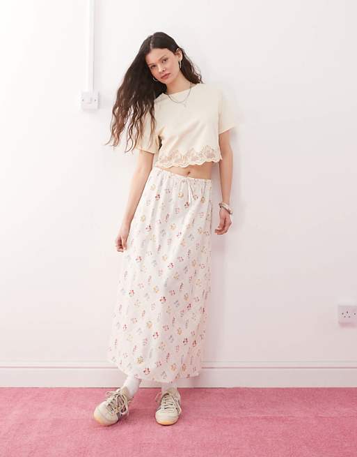 Miss Selfridge Linen Midi Slip Skirt In Cream Floral Print