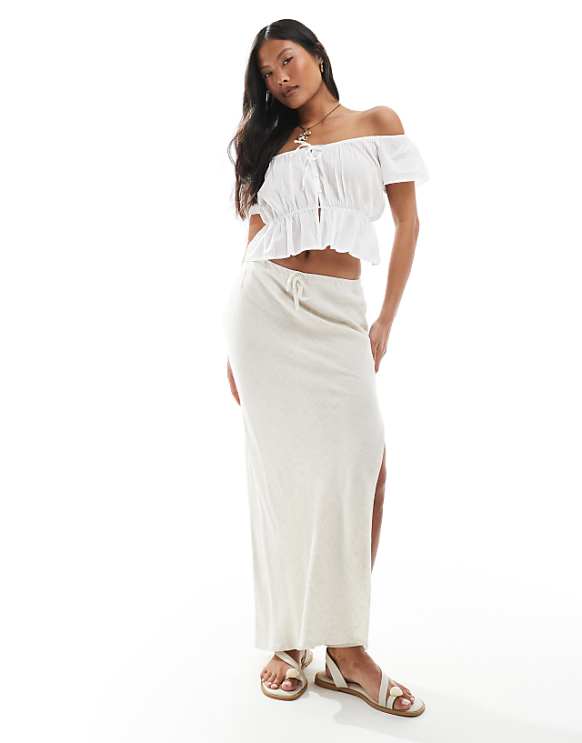 Miss Selfridge Petite linen blend bias maxi skirt in stone