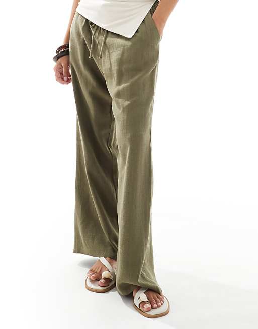 Miss Selfridge Petite Linen Blend Drawstring Waist Wide Leg Trousers In Khaki