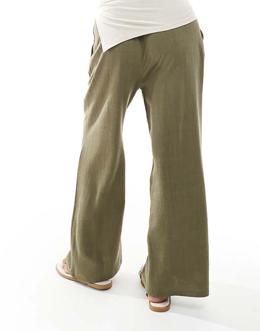 Miss Selfridge Petite Linen Blend Drawstring Waist Wide Leg Trousers In Khaki