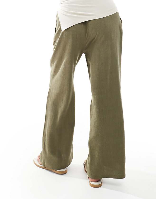 Miss Selfridge Petite Linen Blend Drawstring Waist Wide Leg Trousers In Khaki