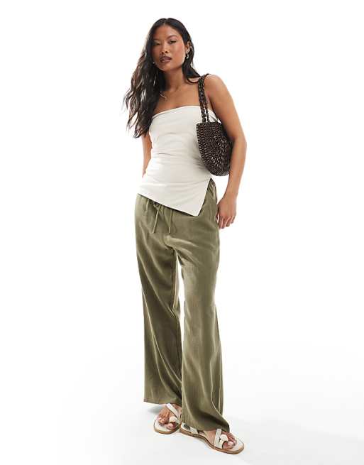 Miss Selfridge Petite linen blend drawstring waist wide leg trousers in khaki