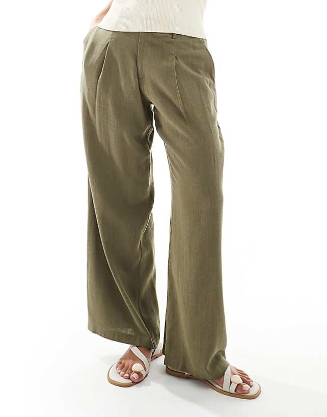 Miss Selfridge Petite Linen Blend Tailored Wide Leg Trousers In Khaki