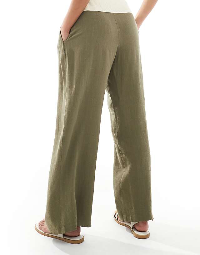 Miss Selfridge Petite Linen Blend Tailored Wide Leg Trousers In Khaki