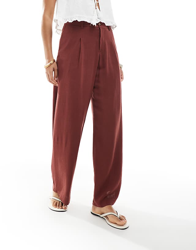 Miss Selfridge Petite Linen Blend Tailored Wide Leg Trousers In Burgundy