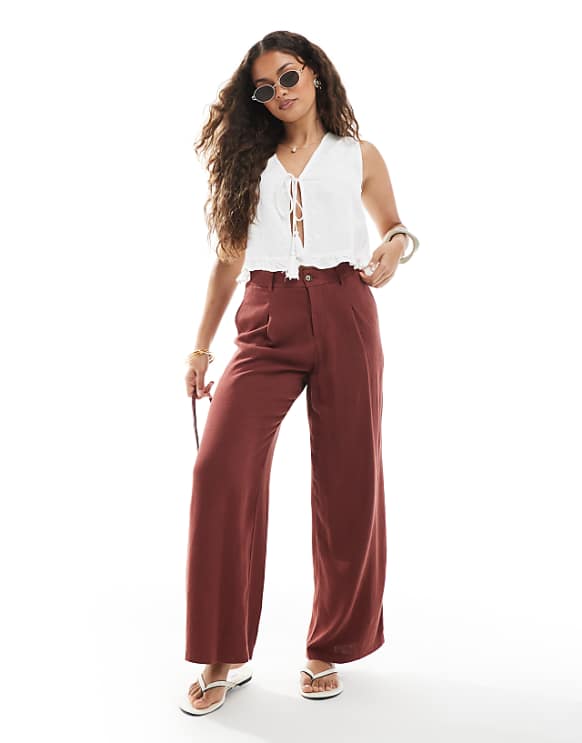 Miss Selfridge Petite Linen Blend Tailored Wide Leg Trousers In Burgundy