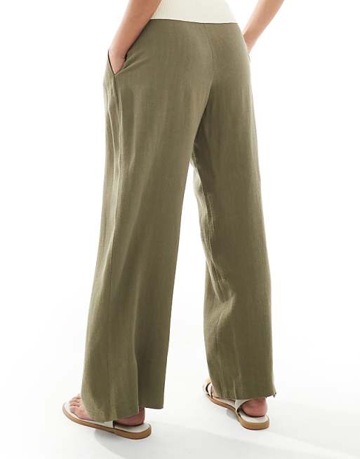 Miss Selfridge Petite Linen Blend Tailored Wide Leg Trousers In Khaki