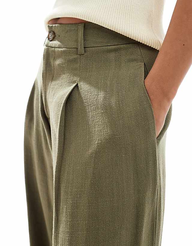 Miss Selfridge Petite Linen Blend Tailored Wide Leg Trousers In Khaki