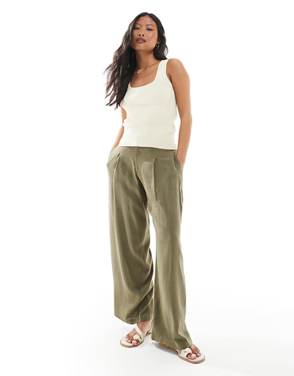Miss Selfridge Petite linen blend tailored wide leg trousers in khaki