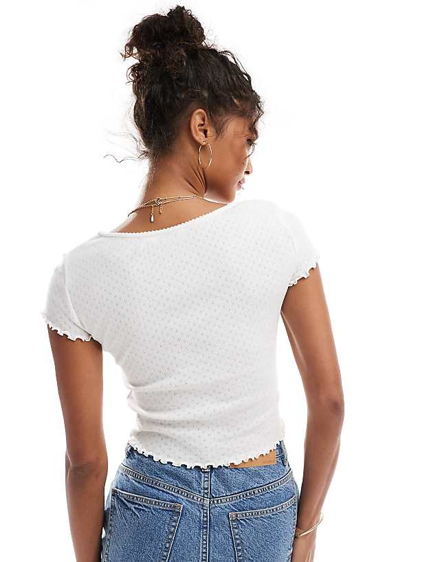 Miss Selfridge Pointelle Square Neck Lace Trim Tee In White