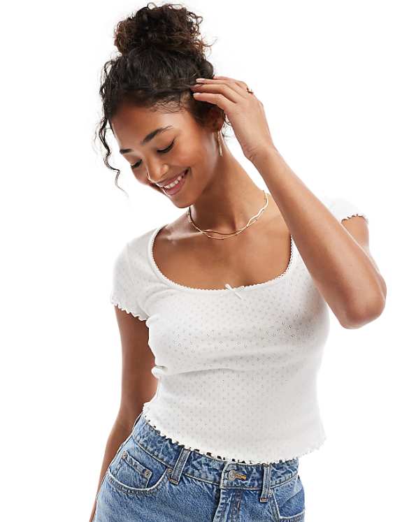 Miss Selfridge pointelle square neck lace trim tee in white