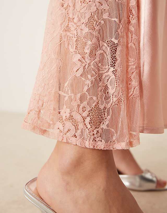 Miss Selfridge Satin Lace Mix Maxi Slip Dress In Light Pink