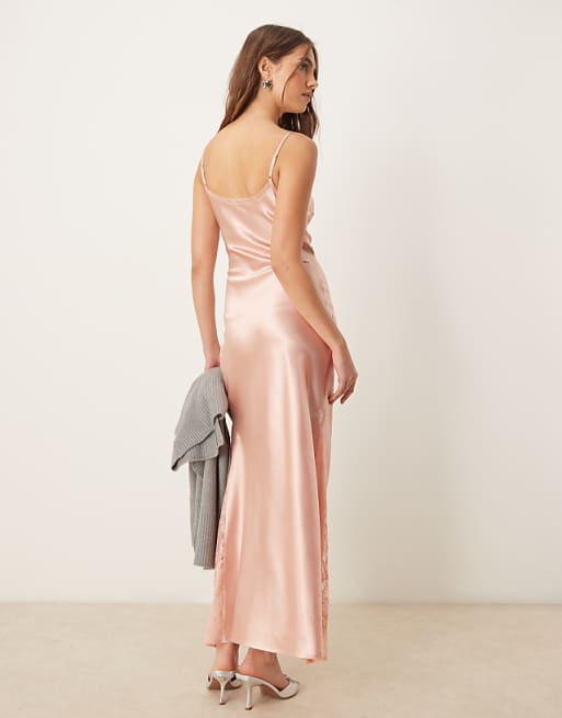 Miss Selfridge Satin Lace Mix Maxi Slip Dress In Light Pink