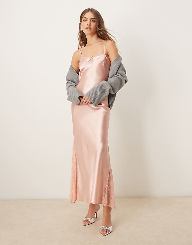 Miss Selfridge satin lace mix maxi slip dress in light pink
