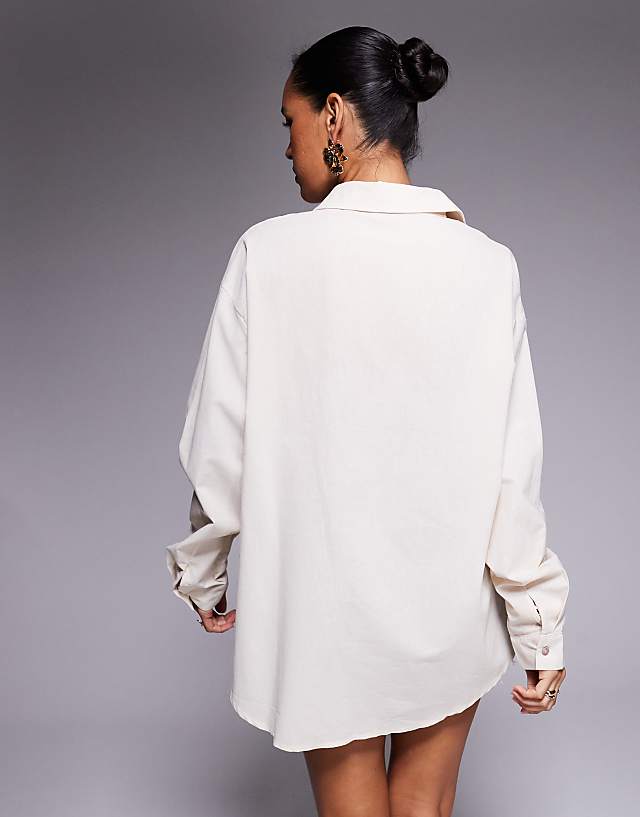 Missyempire Linen Look Pocket Front Shirt In Cream