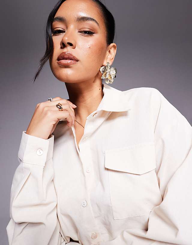 Missyempire Linen Look Pocket Front Shirt In Cream