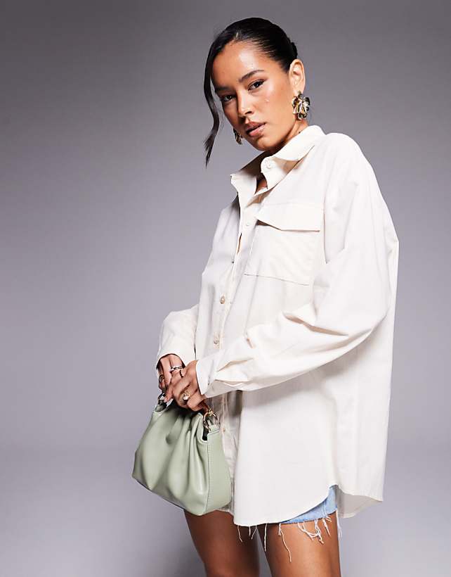 Missyempire Linen Look Pocket Front Shirt In Cream